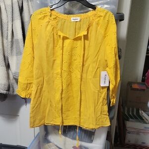 Kindred Petite Large BOHO Tie Front Blouse. Eyelet Inset. Elastic Cuff. NWT
